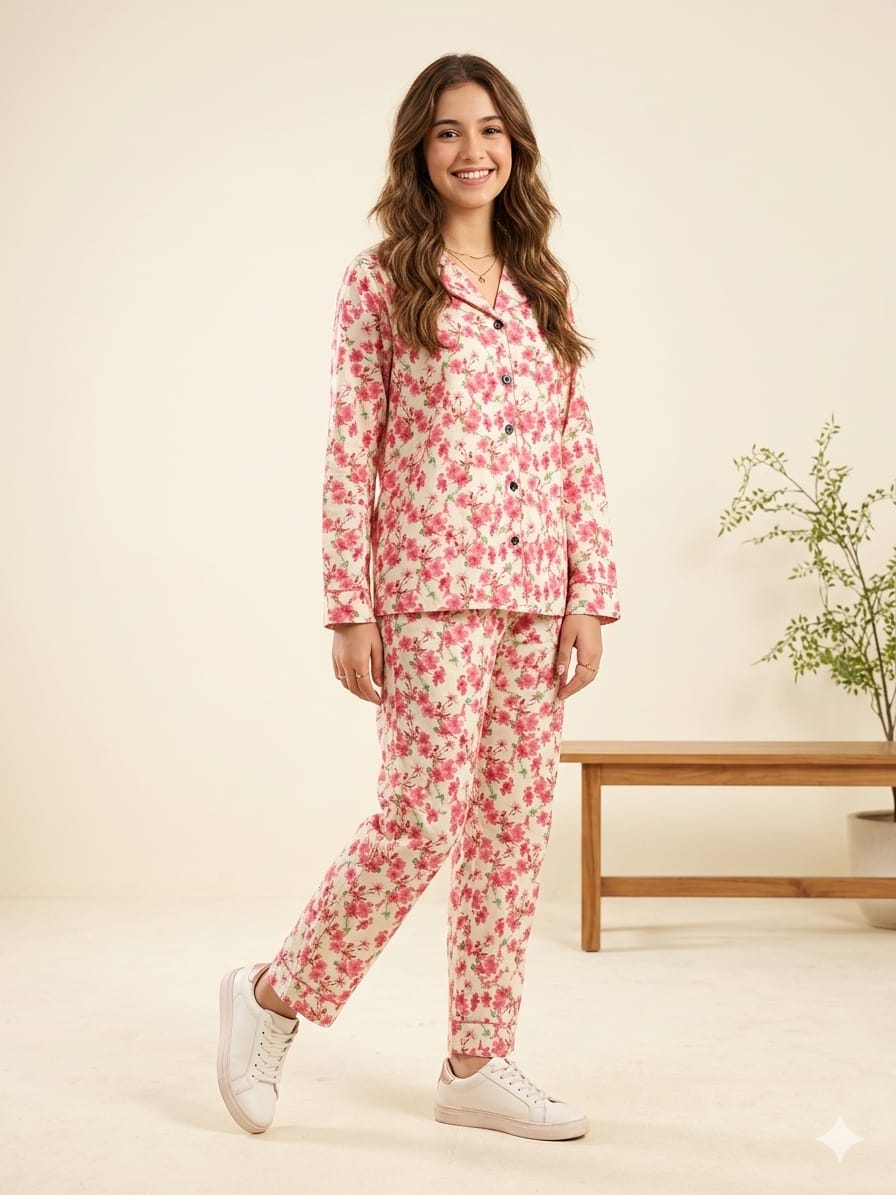 Pink Flower Cream Night Suit