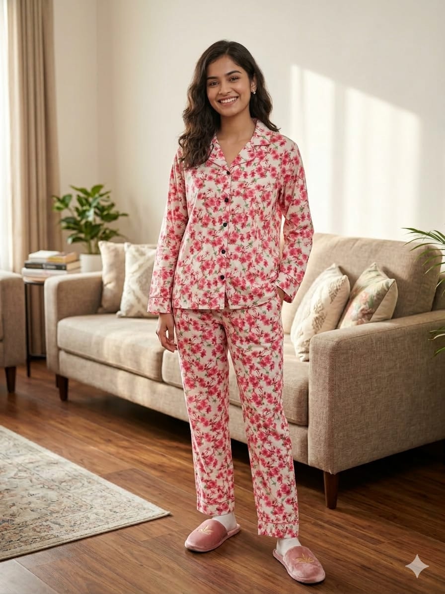 Pink Flower Cream Night Suit