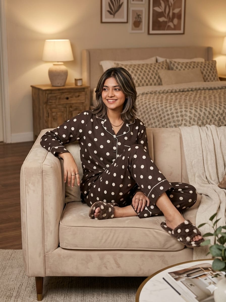 White Dots Chocolate Night Suit