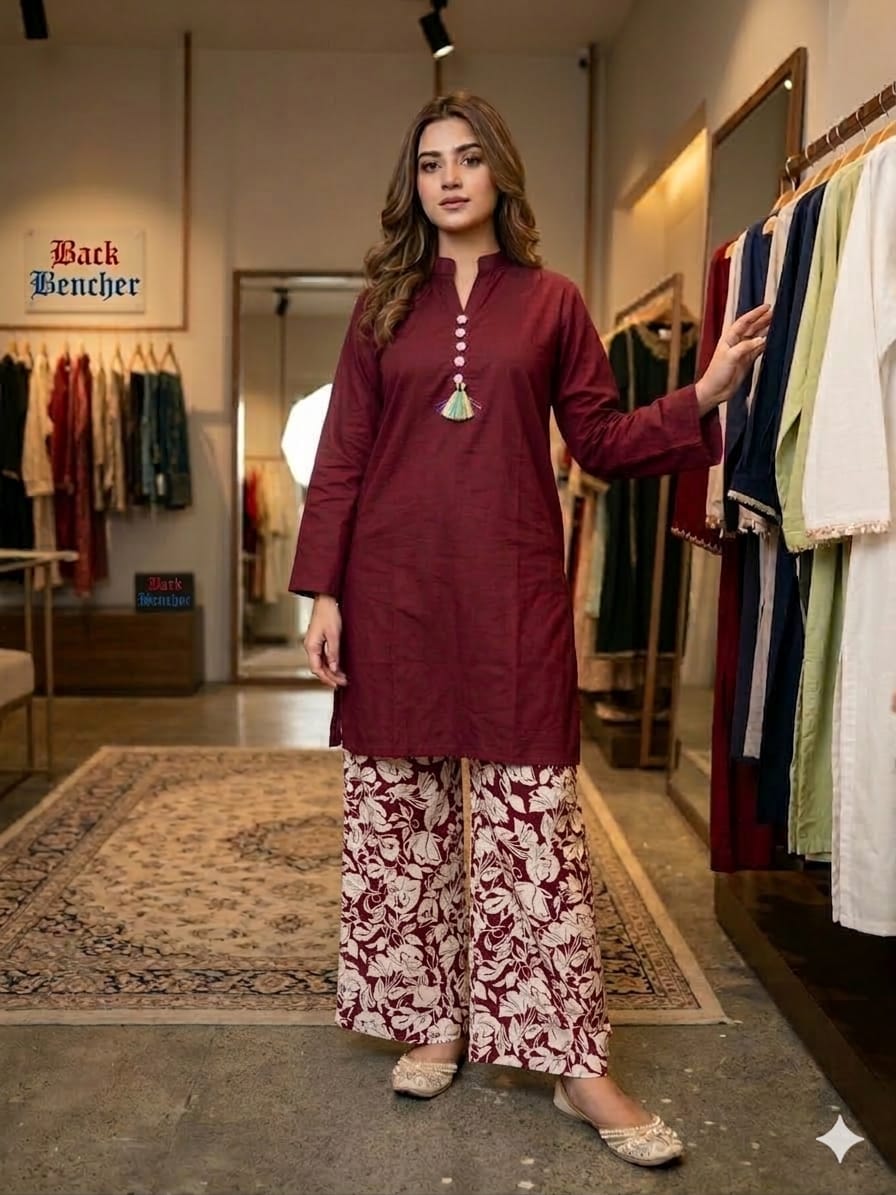 Simple Mahroon 2Pcs Suit Women ( R-128 )