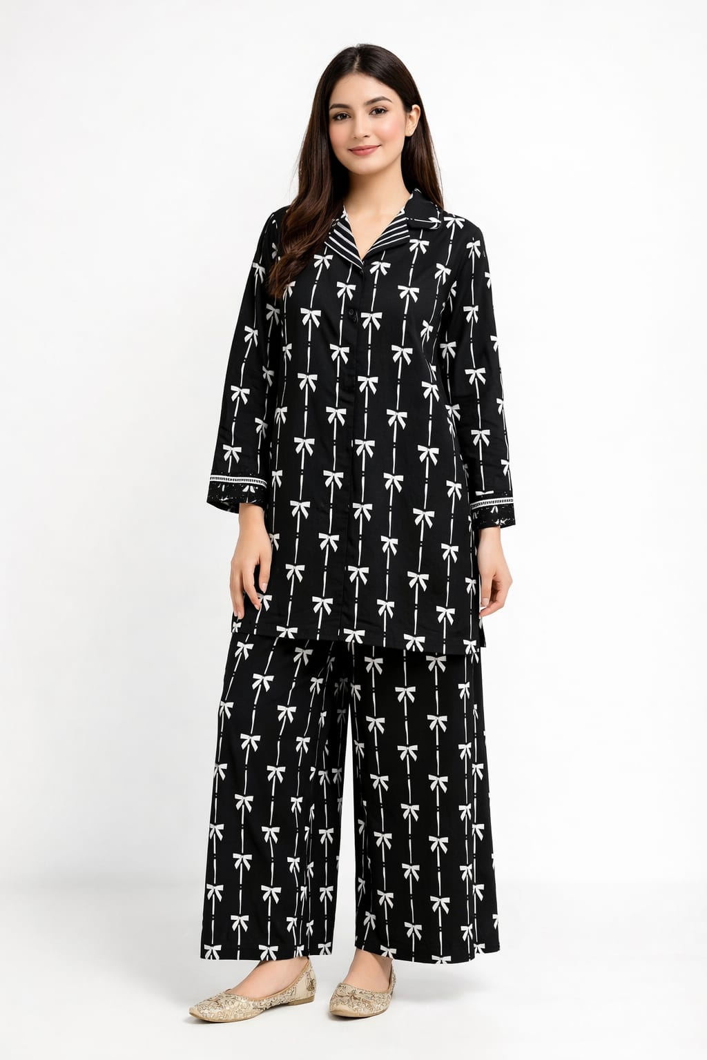Bow Print Black Collar Suit Women ( R-128 )