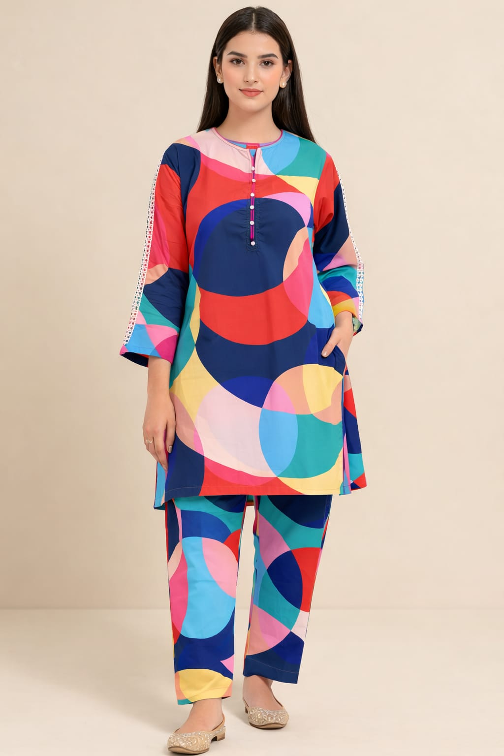 Multi Shade  All Over Print Multi Color 2Pcs Suit Women