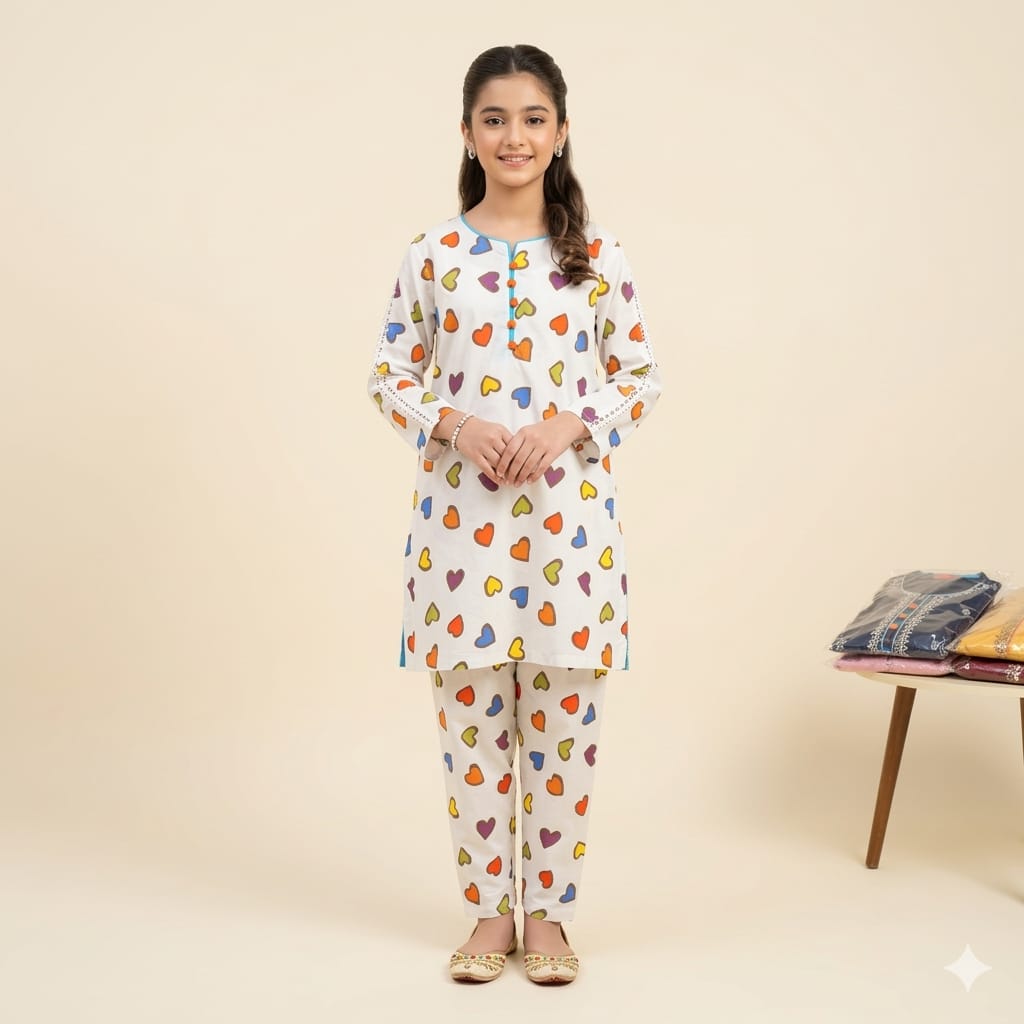 Multi Heart All Over Print White 2Pcs Suit Girls ( R-426-34 )