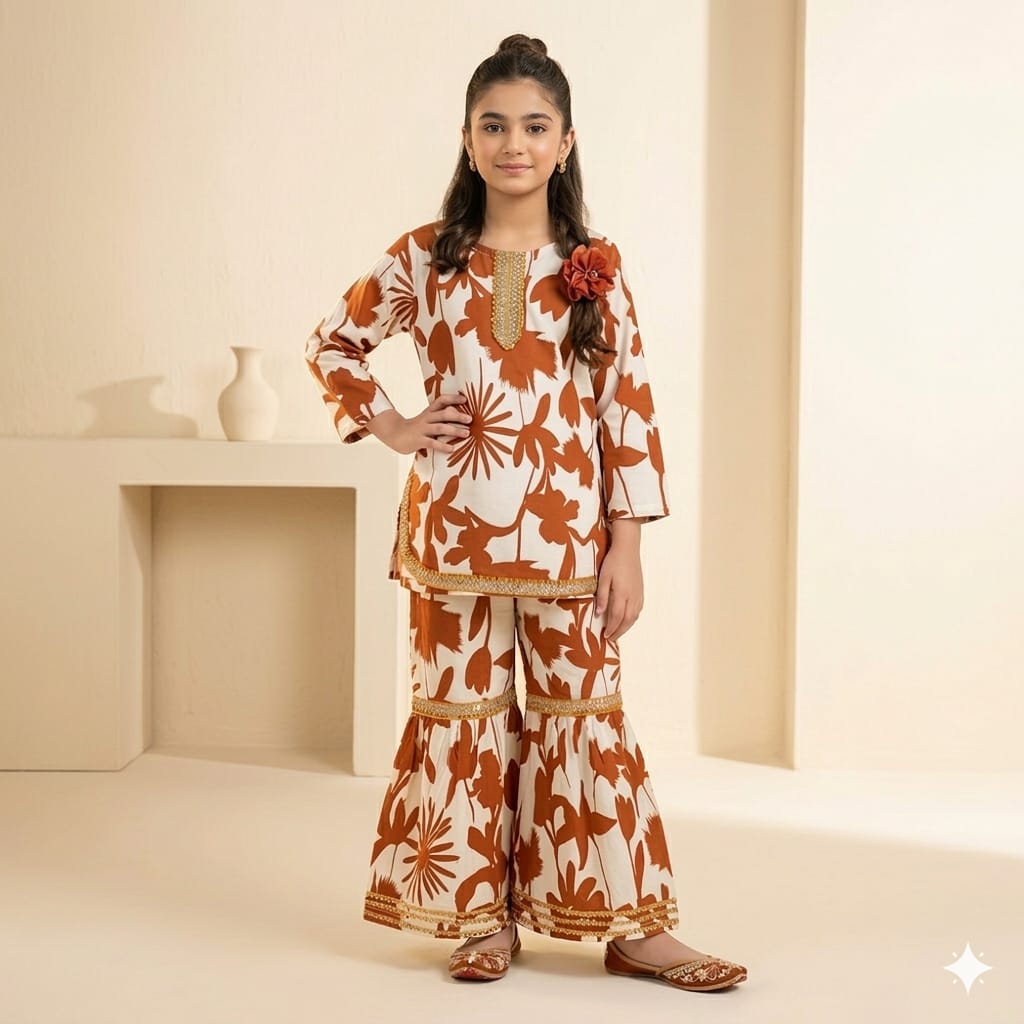 Brown Flower All Over Print Cream Gharara Suit Girls