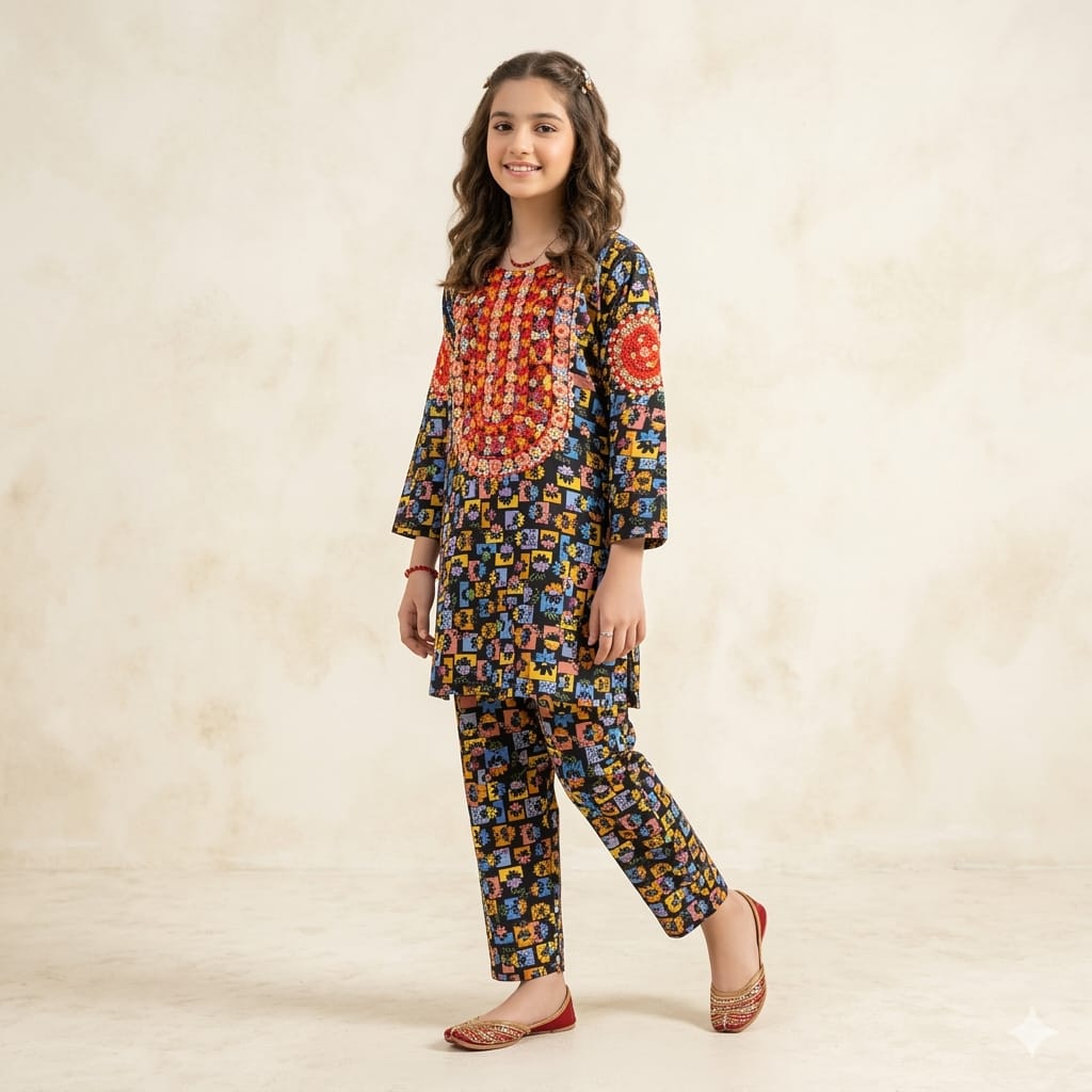 Front Embroidery Floral Print Black 2Pcs Suit Girls