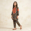 Front Embroidery Floral Print Black 2Pcs Suit Girls (R-426)