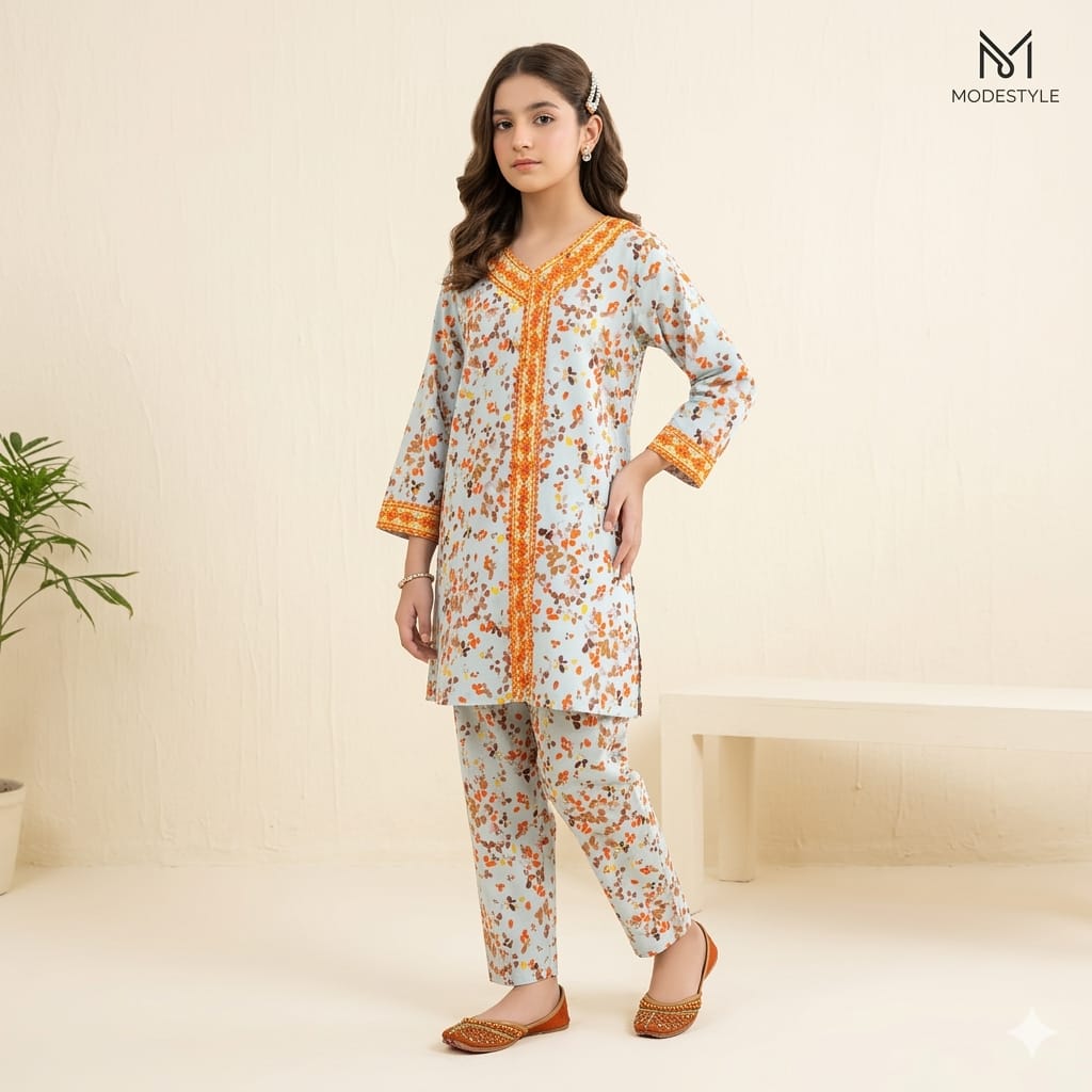 Brown Dots Angrakha Sky 2Pcs Suit Girls