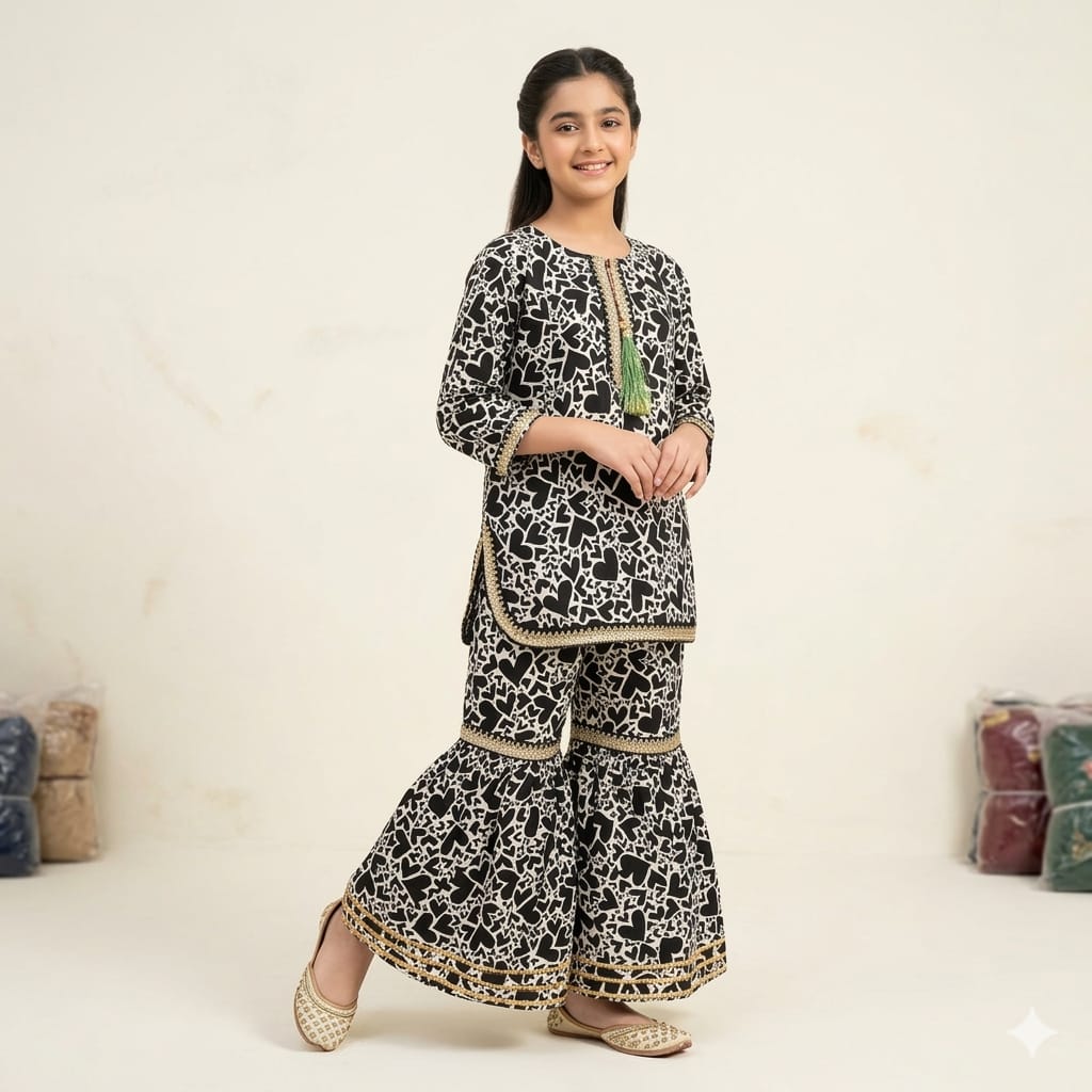 Black Heart All Over Print White Gharara Suit Girls