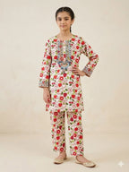 Front Embroidery Cherry Print White 2Pcs Suit Girls ( R-295 )