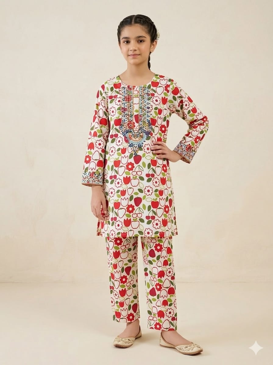 Front Embroidery Cherry Print White 2Pcs Suit Girls