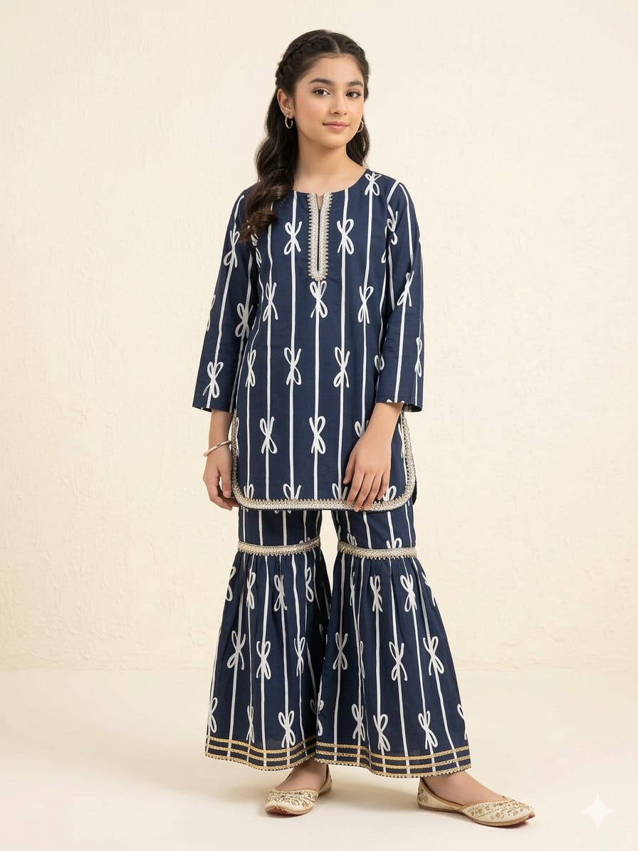 Bow Print All Over Print Navy Gharara Suit Girls