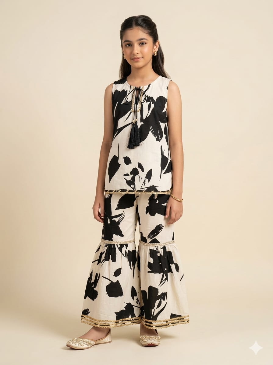 Black Shade All Over Print Cream Gharara Suit Girls