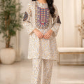 Front Embroidery Yellow Flower Print White 2Pcs Suit Girls R-93