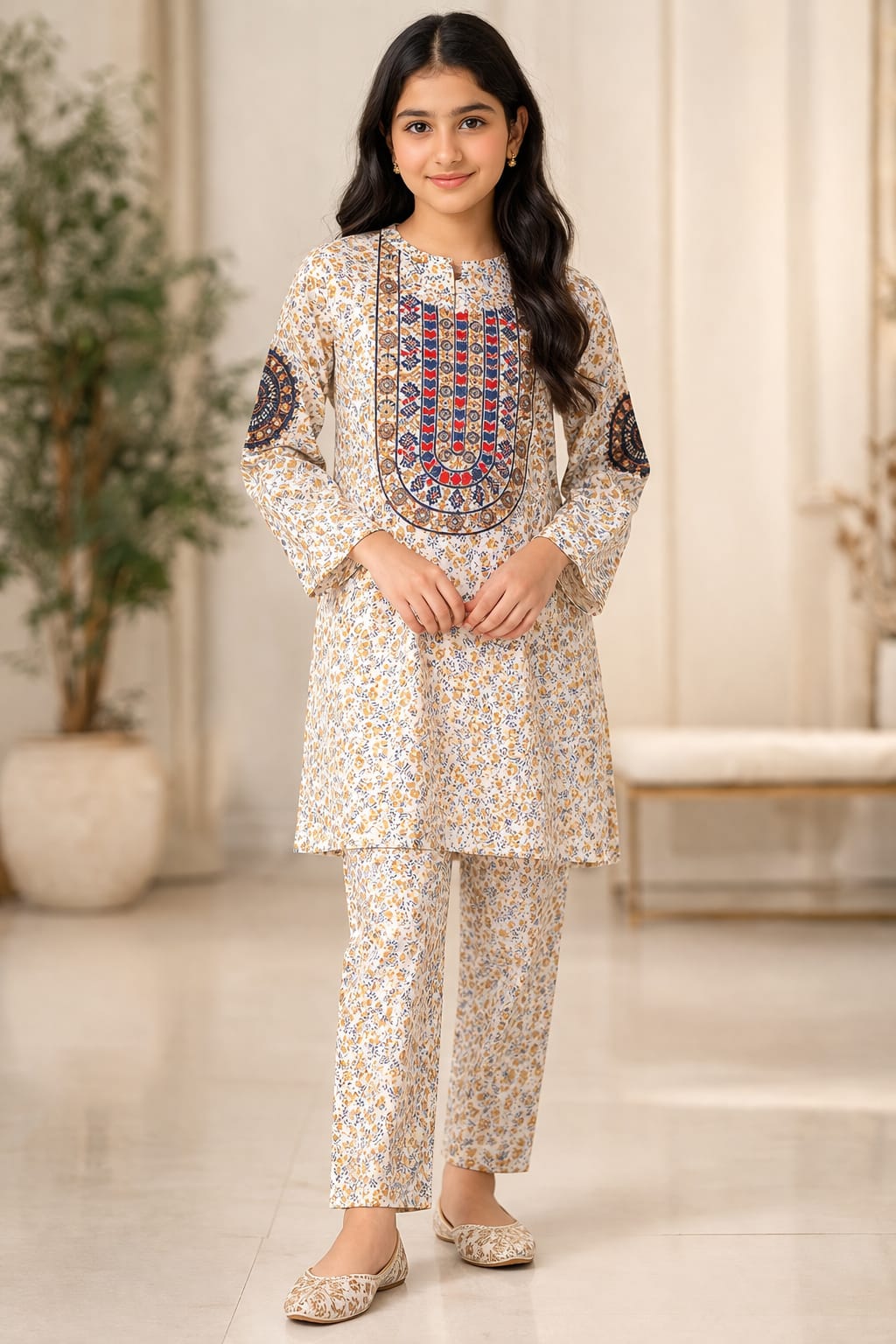 Front Embroidery Yellow Flower Print White 2Pcs Suit Girls R-93
