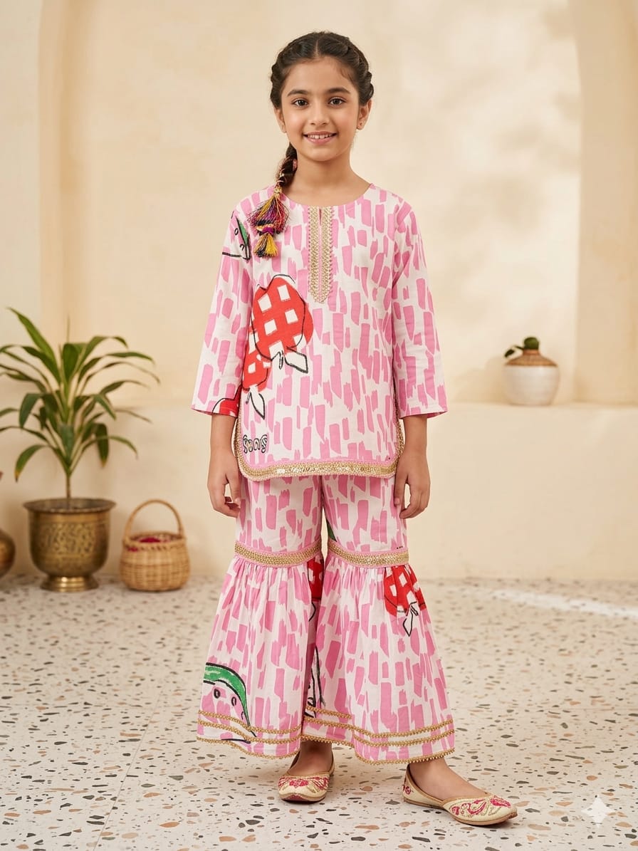 Pink Print All Over Print White Gharara Suit Girls