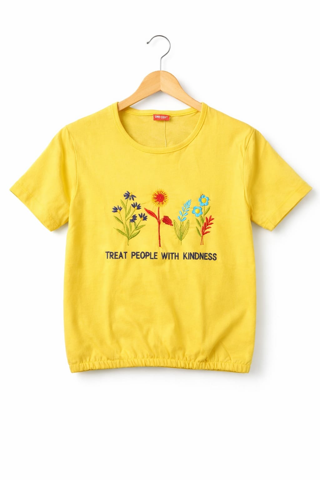 (Short Length) Kindness Embroidery Yellow  T-Shirt Girls ( R-109 )