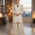 Bow Print All Over Print Cream 2Pcs Suit Women ( R-110 )