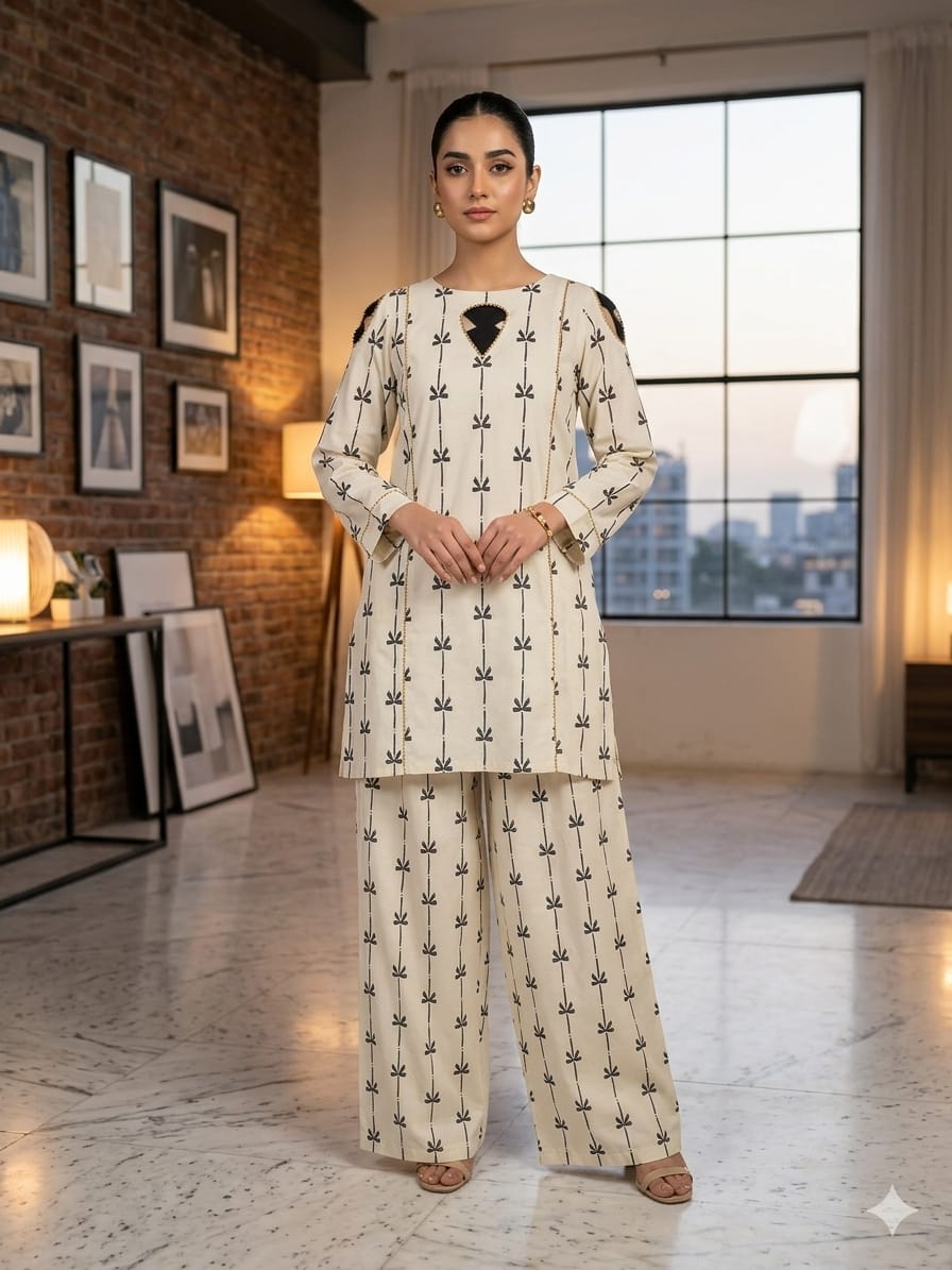Bow Print All Over Print Cream 2Pcs Suit Women ( R-110 )