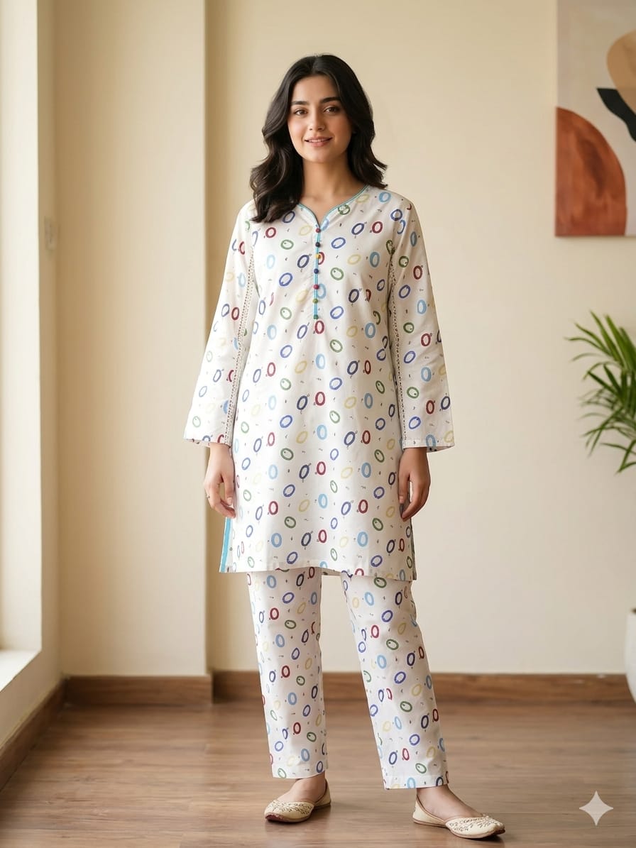Multi Dots All Over Print White Suit Women ( R-409 )
