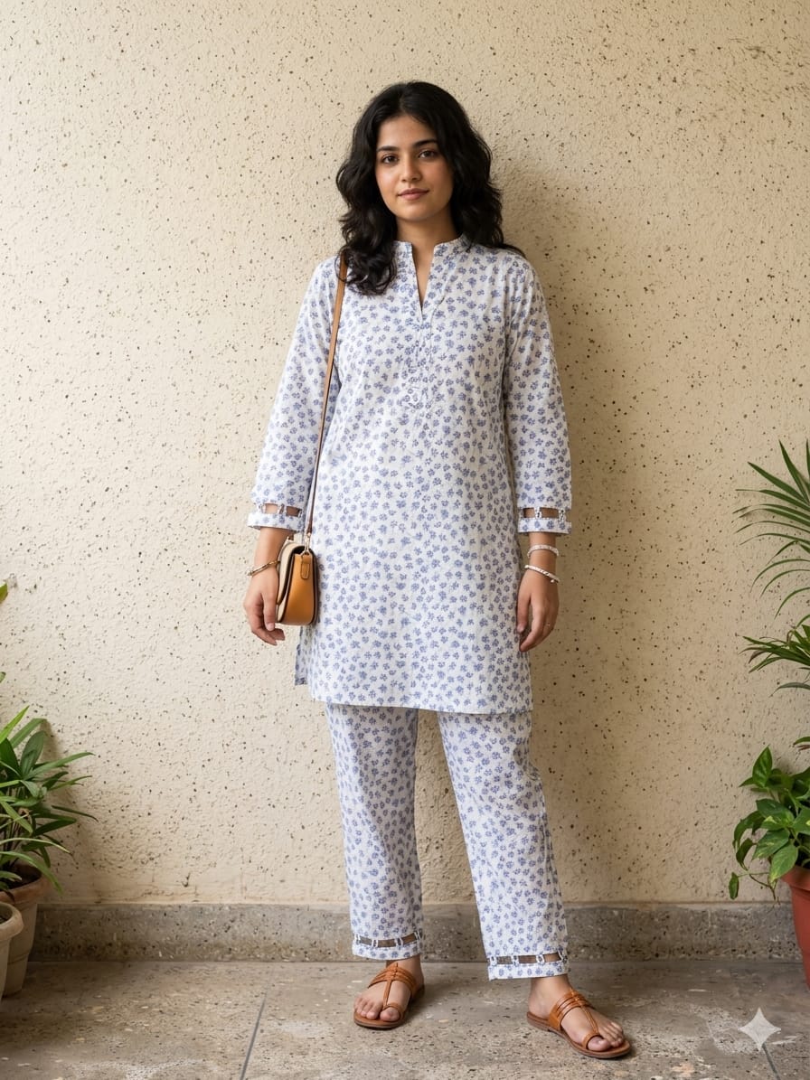 Purple Sun Flower Print White Suit Women ( R-377 )