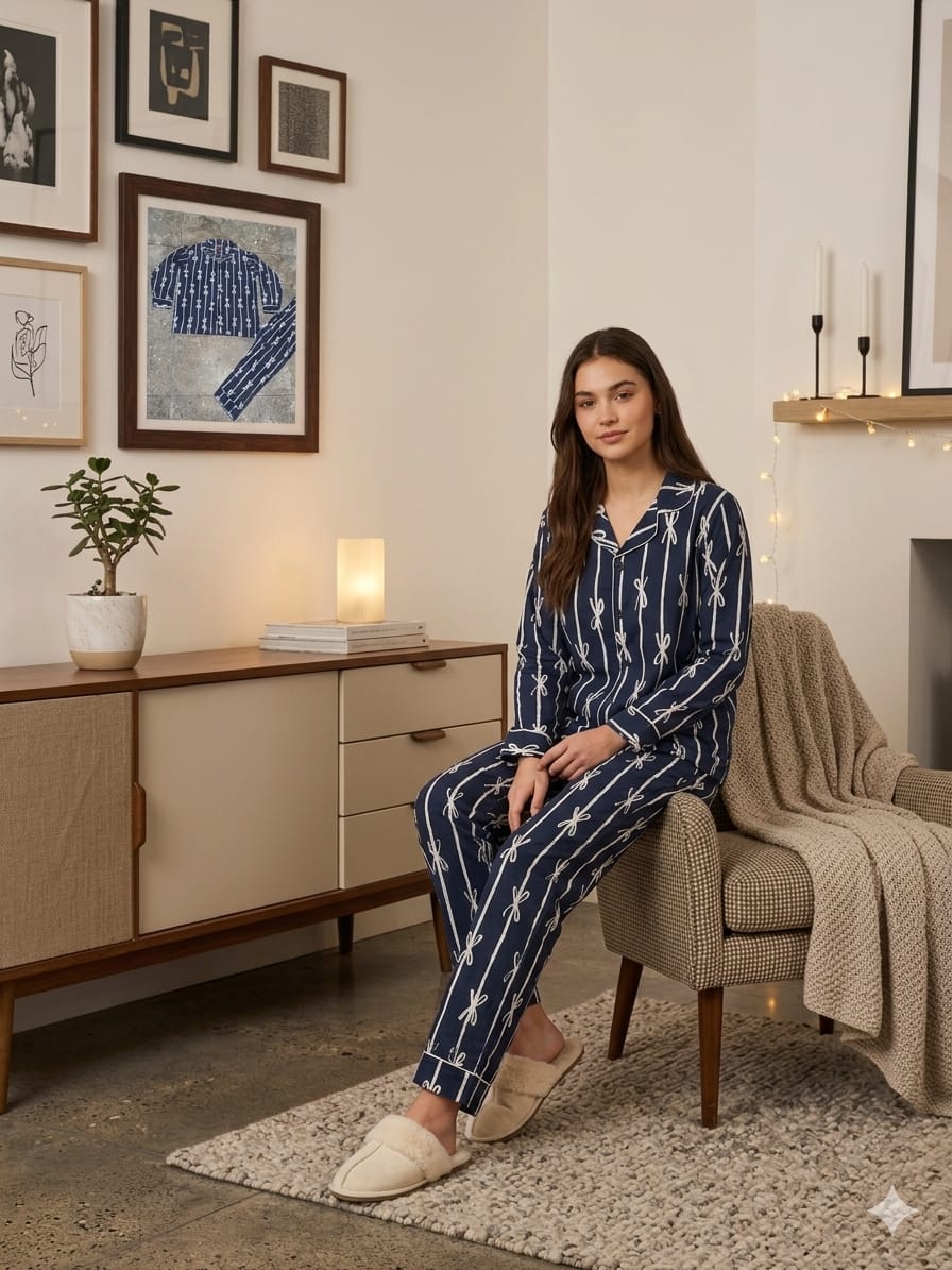 Bow Print Navy Night Suit
