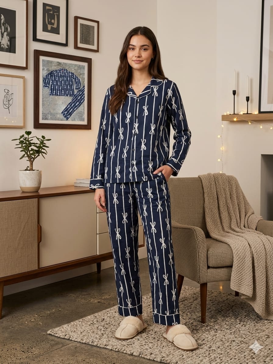 Bow Print Navy Night Suit