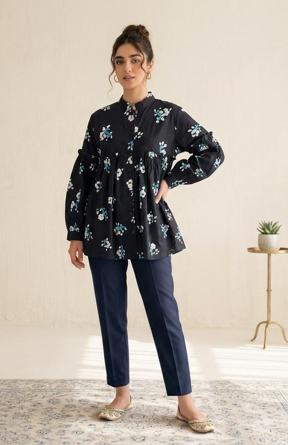 White Flower All Over Print Black Frock Women(R-374N)