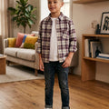 Cream & Mahroon Checked Casual Shirt Boys ( R-388N )
