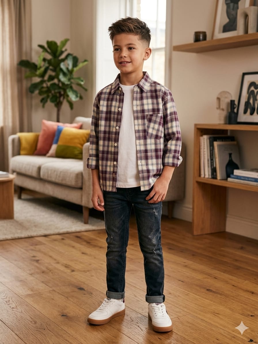 Cream & Mahroon Checked Casual Shirt Boys ( R-388N )
