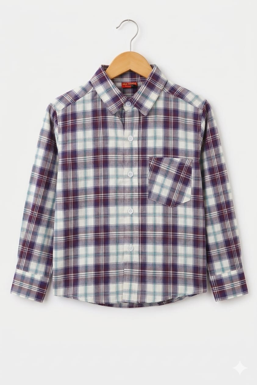 Cream & Mahroon Checked Casual Shirt Boys ( R-388N )