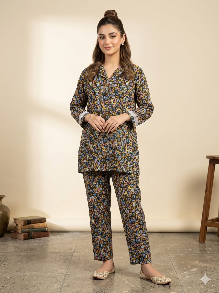 Floral Print Black Collar Suit Women ( R-109 )