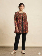 Red Flower All Over Print Black Top Women
