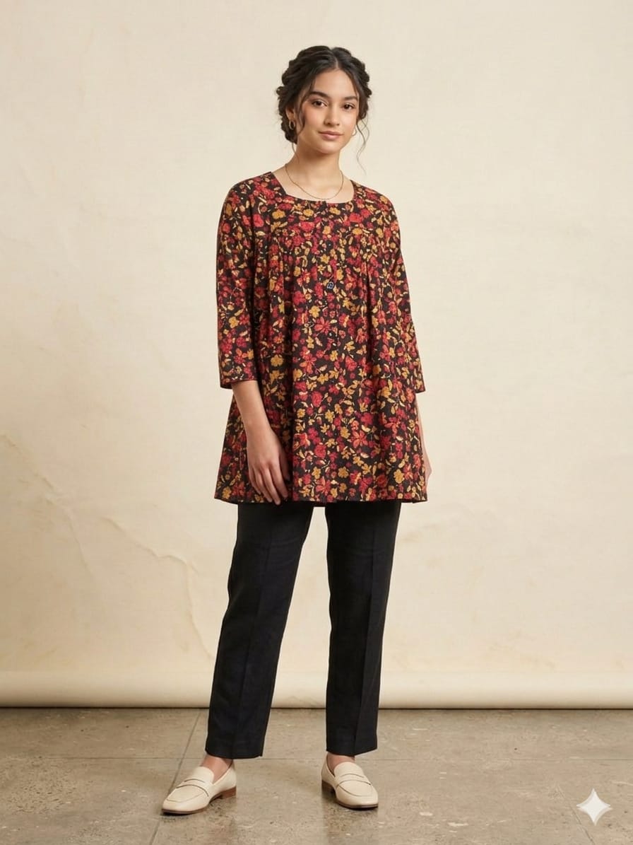 Red Flower All Over Print Black Top Women