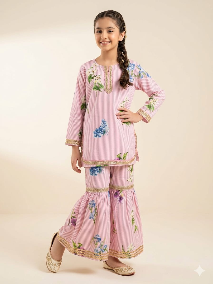 Rose Striper Print Full Sleeve Pink Gharara Suit Girls