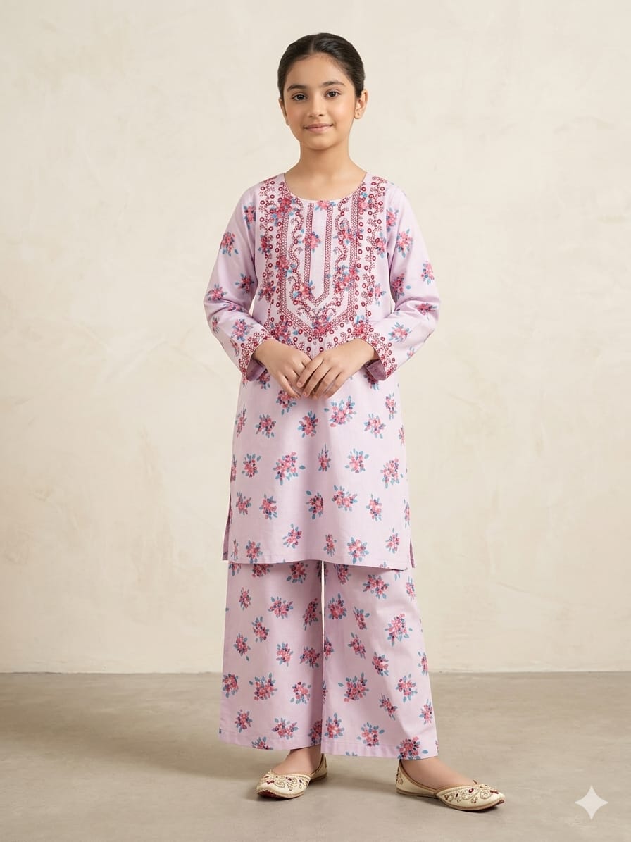 Front Embroidery  Print Light Purple 2Pcs Suit Girls