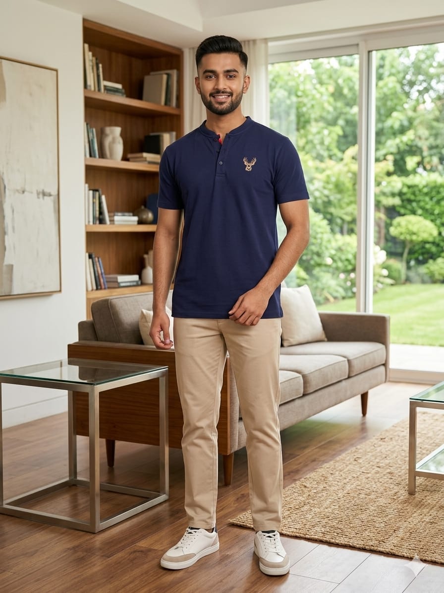 Markhoor Logo Navy Henley Polo Men's