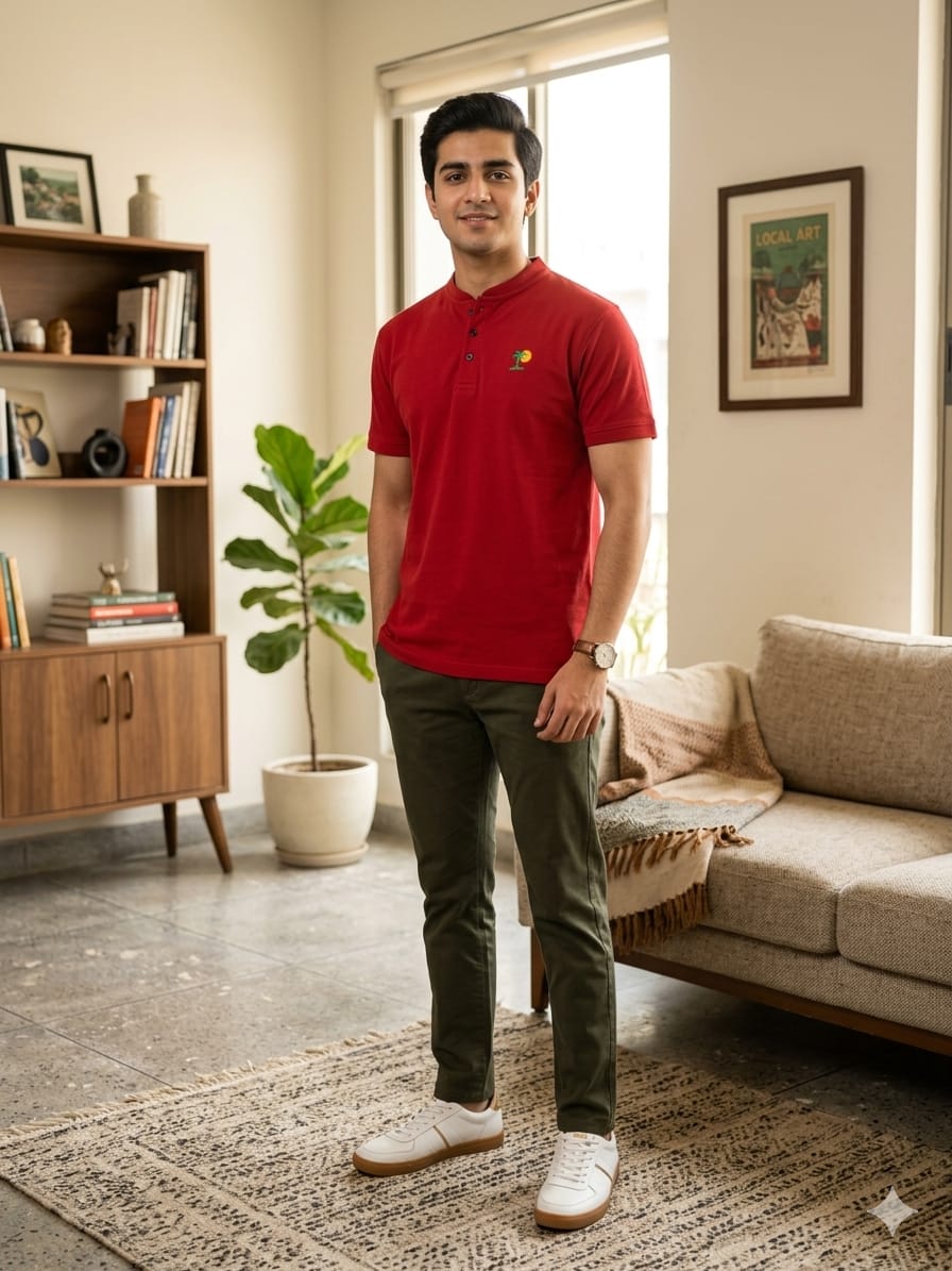 Tree Sun Logo Red Henley Polo Men's
