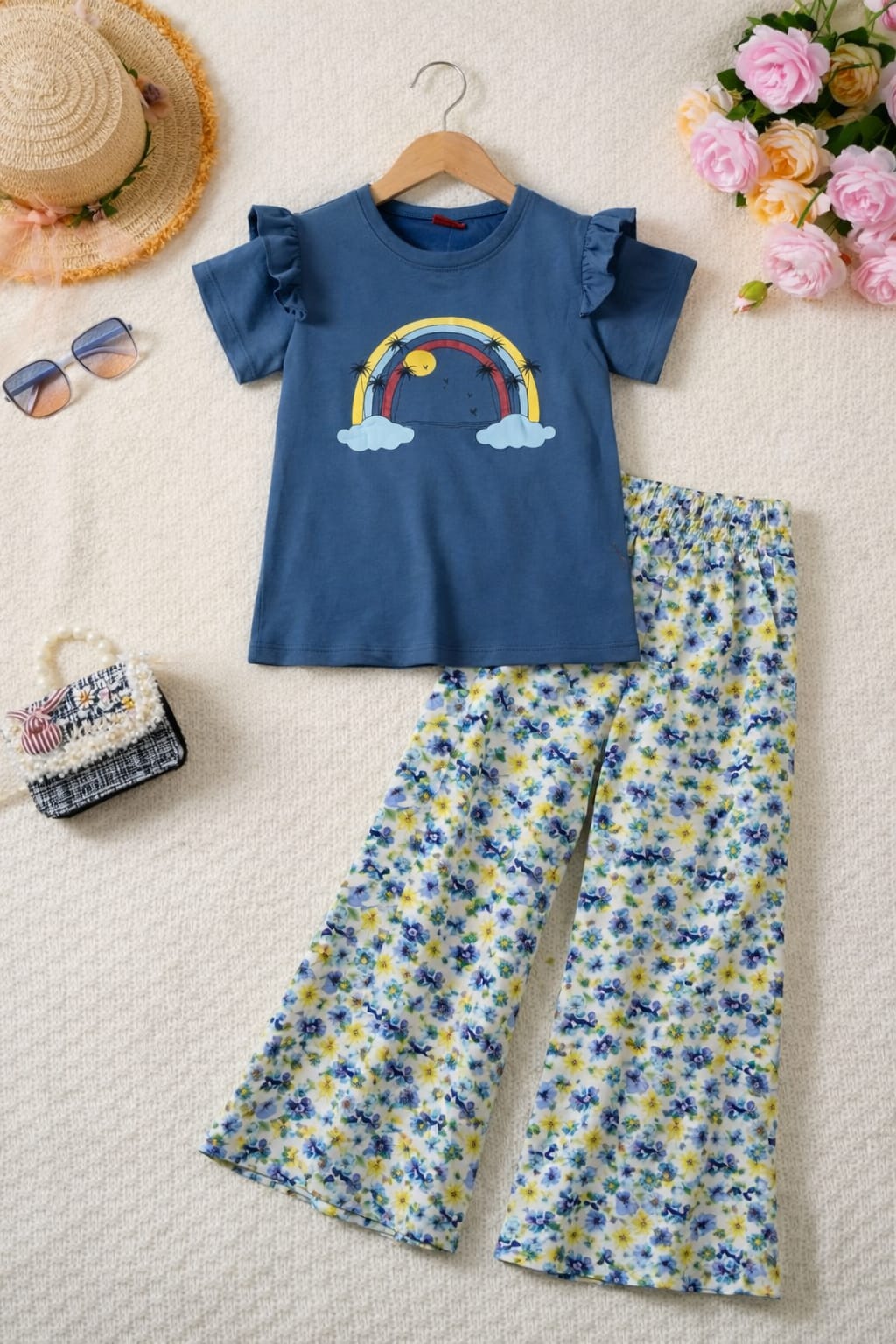 Rainbow Print Light Blue T-Shirt & Flapper Girls