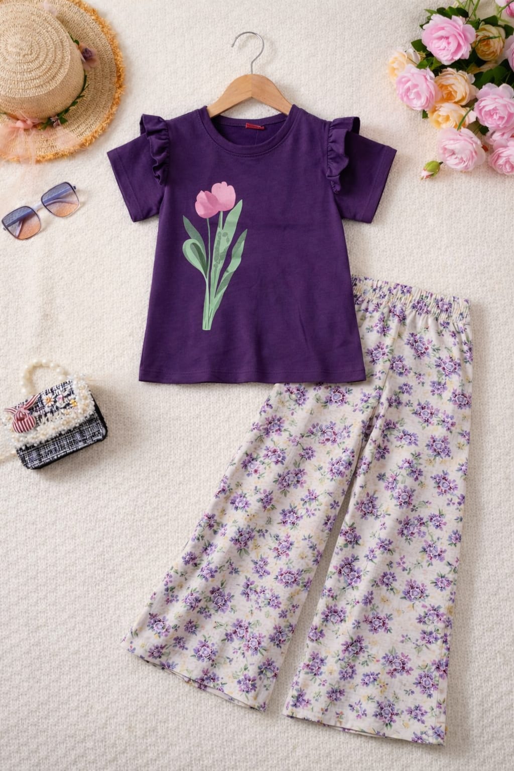 Flower From Side Purple T-Shirt & Flapper Girls( R-31 )