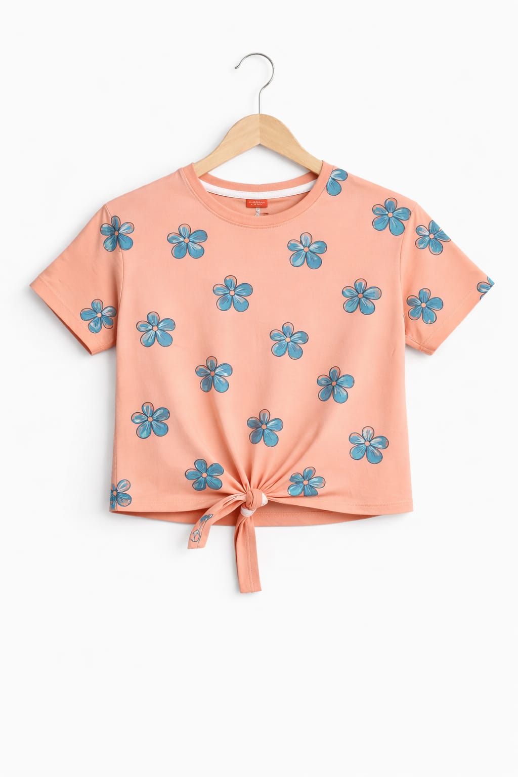 Blue Flower All Over Print Peach T-Shirt Girls ( R-110 )