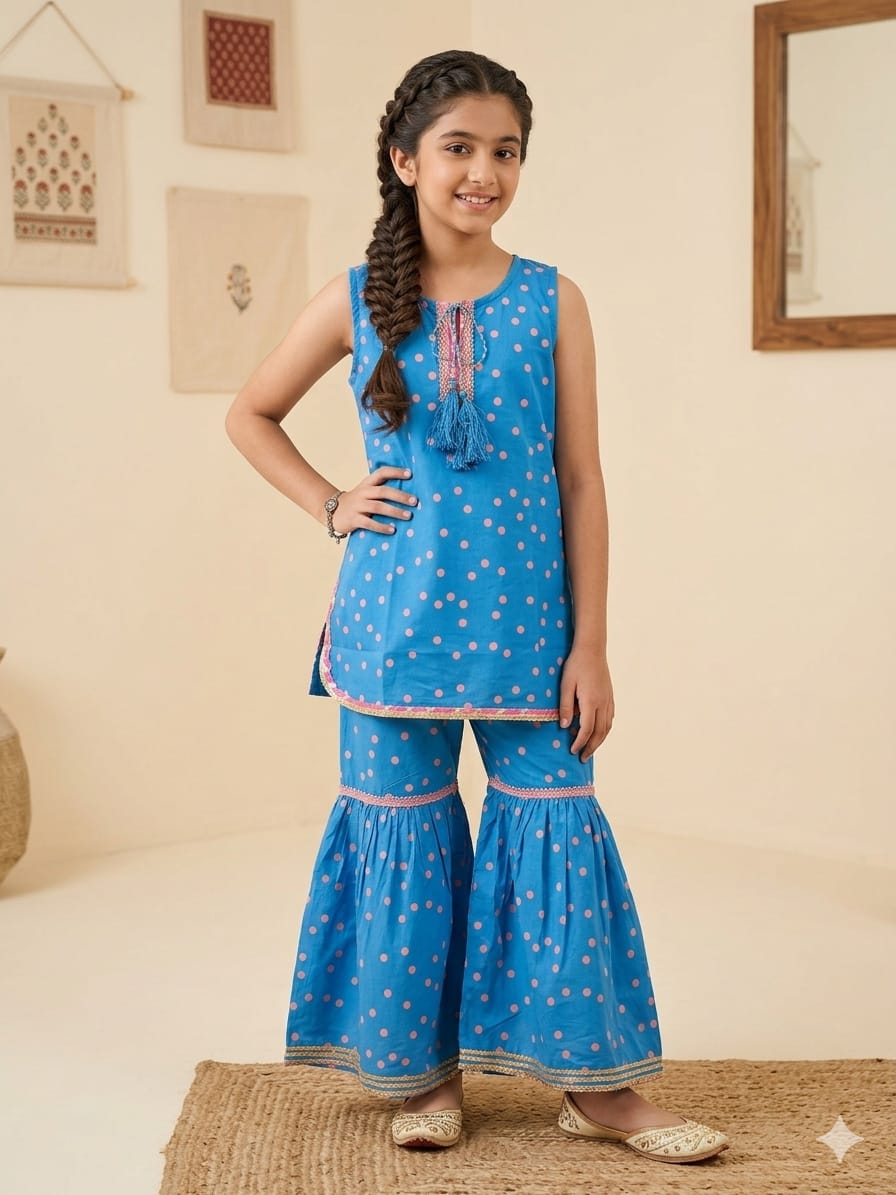 Pink Dots All Over Print Royal Blue Gharara Suit Girls