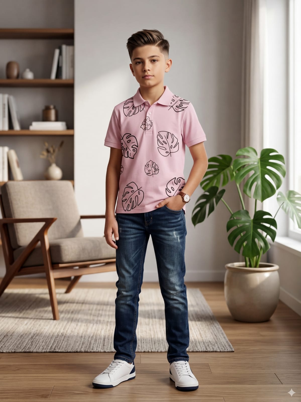 Leaves Print Baby Pink Collar Polo Boys ( R-181 )