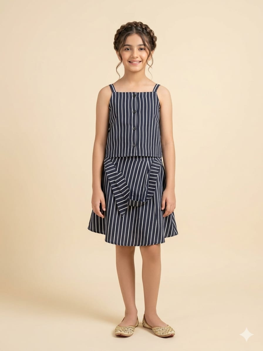 White Navy Line Sleeveless Skirt Suit Girls