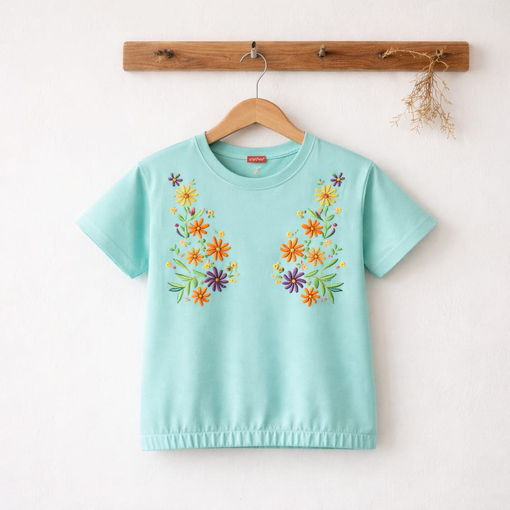 (Short Length)Both Side Embroidery Sky  T-Shirt Girls ( R-83 )