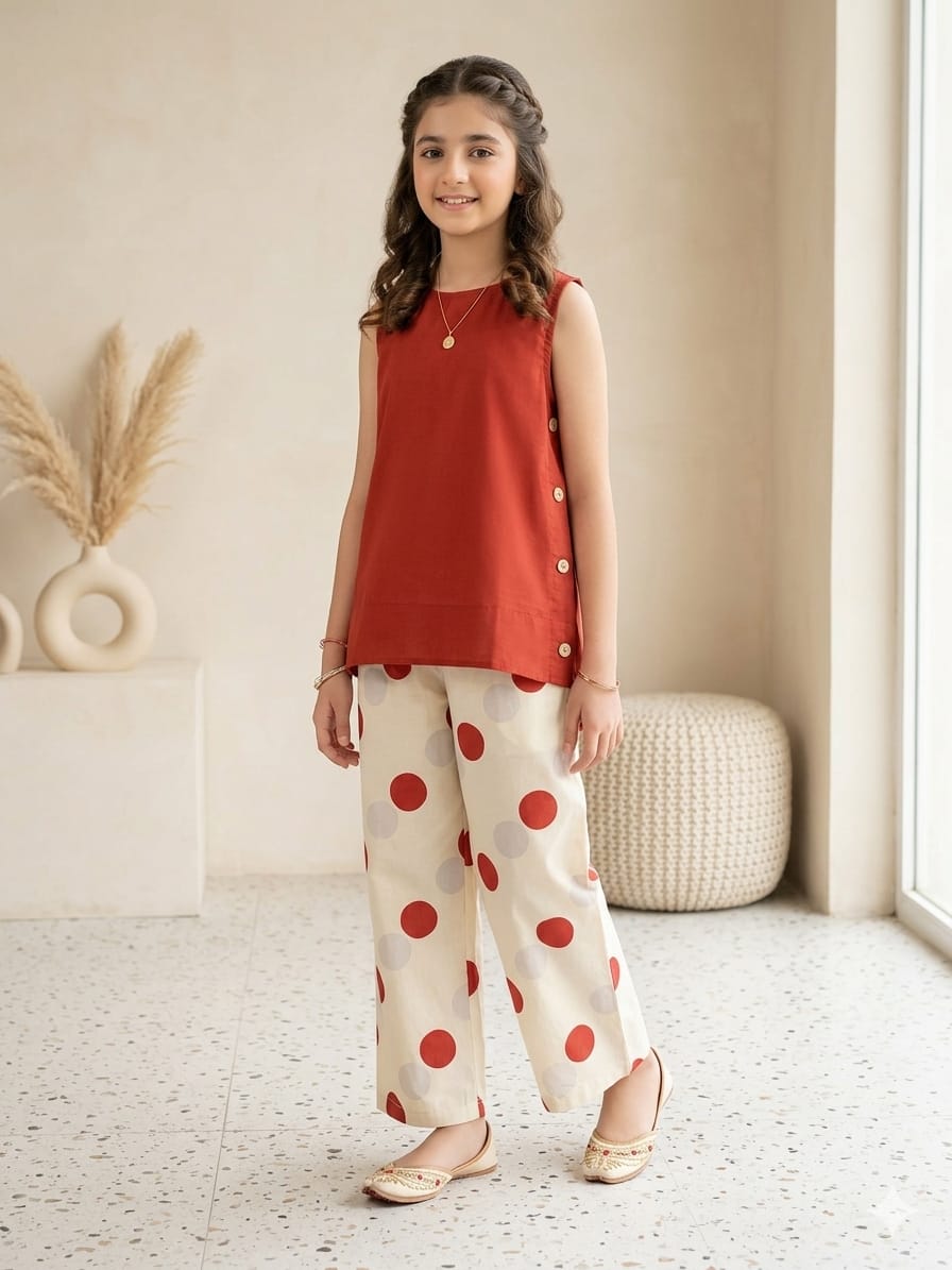 Simple Sleeveless Dark Peach Suit Girls ( R-73 )