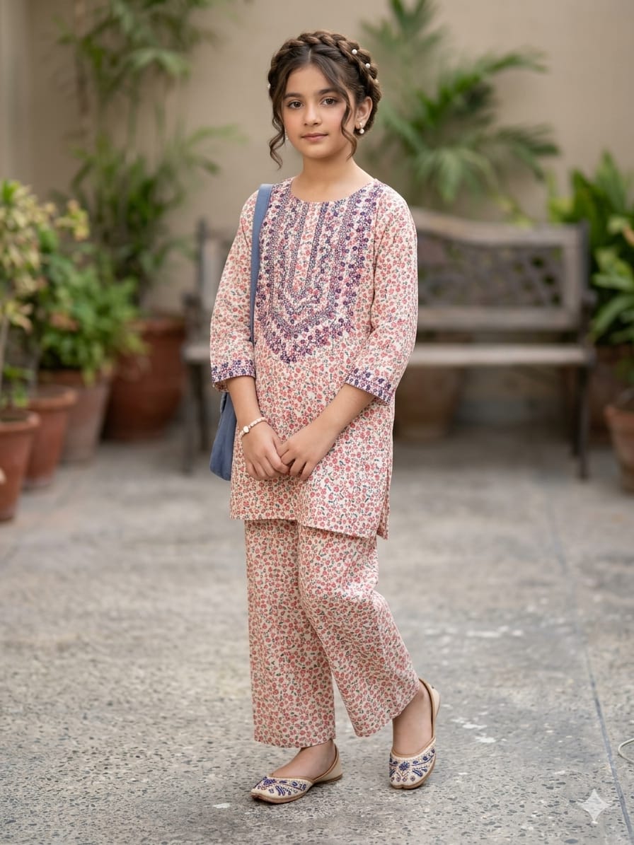 Front Embroidery Pink Rose Cream 2Pcs Suit Girls ( R-406 )