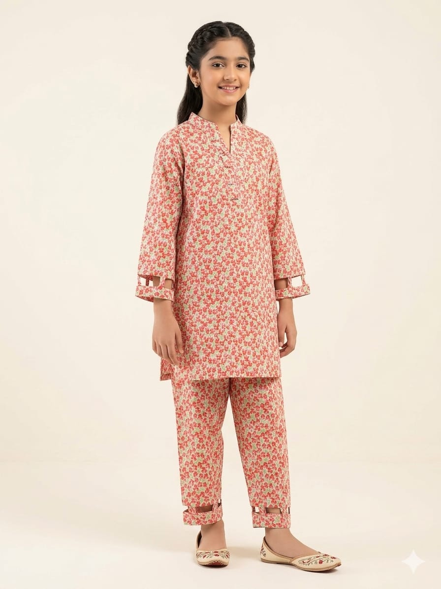 Red Flower All Over Print Cream 2Pcs Suit Girls ( R-346 )