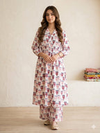 Cactus Print White Coat Collar 2Pcs Suit Women