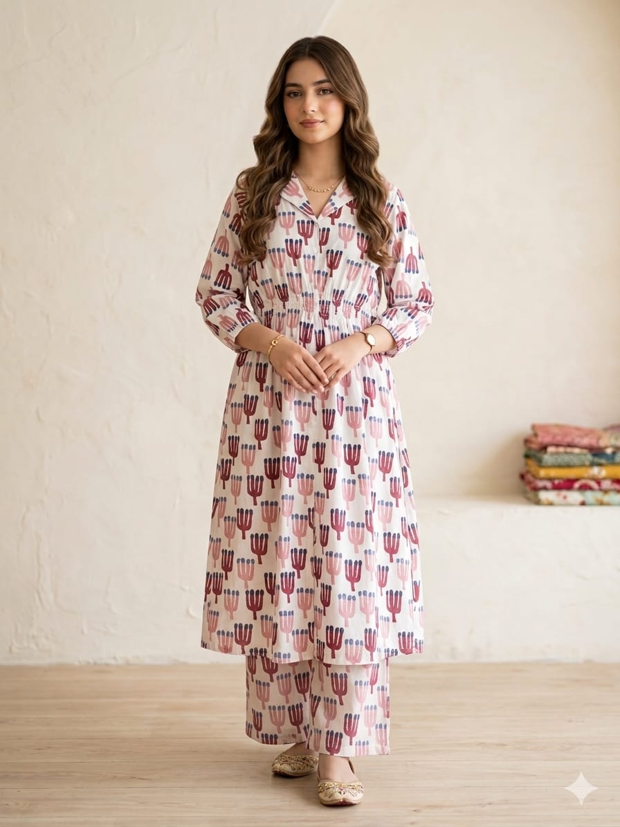 Cactus Print White Coat Collar 2Pcs Suit Women