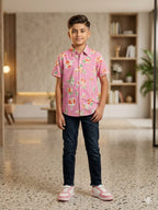 Flower All Over Print Half Sleeve Pink Casual Shirt Boys